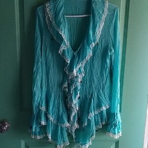 Chic Aqua Blouse with Lace Accents